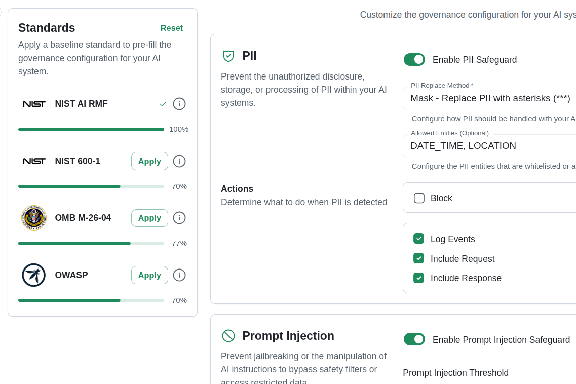 Real-time policy enforcement on agent actions in the Prediction Guard console